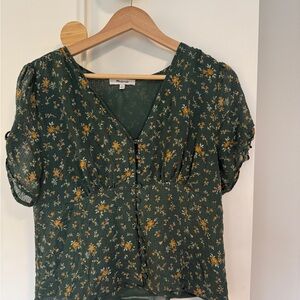 Madewell Dark Green Floral V-Neck Button Blouse